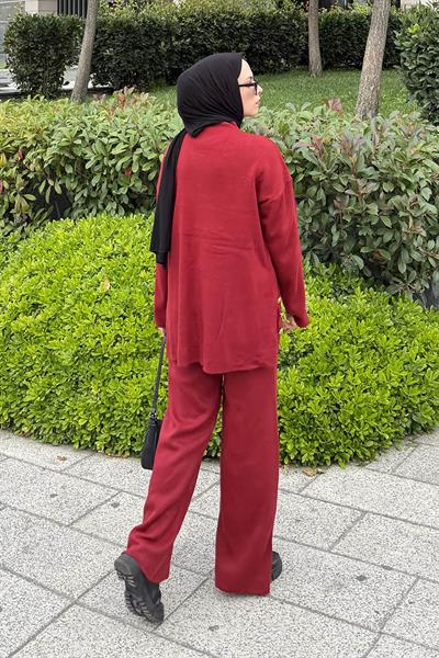 Düğme Detaylı Triko Takım Bordo