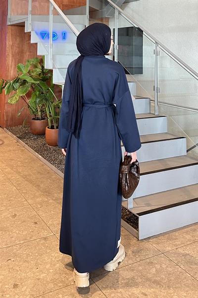 Etek Ucu Armalı Kuşaklı Elbise Lacivert