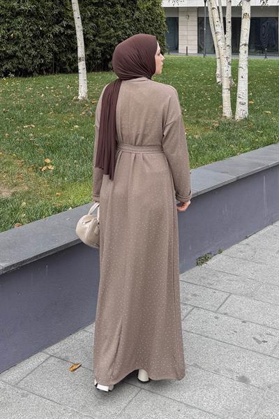 Taş Detaylı Tesettür Elbise Soft Kahve