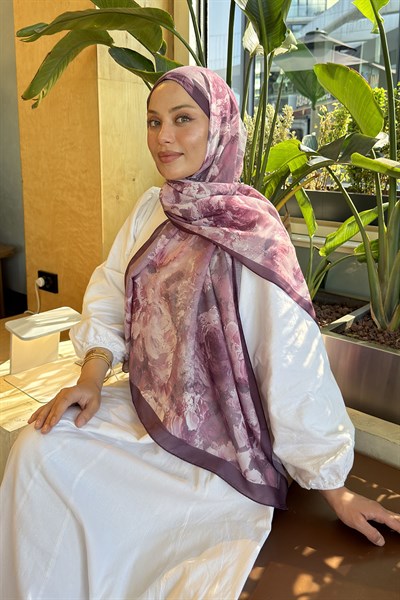 Gül Çiçek Desen Lara Soft Şal Eflatun