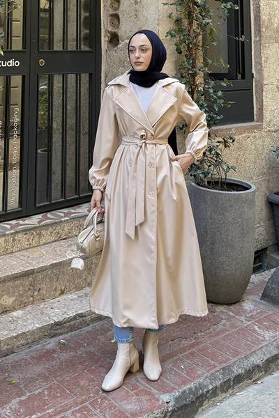 Kol Elastik Detaylı Trençkot Taş