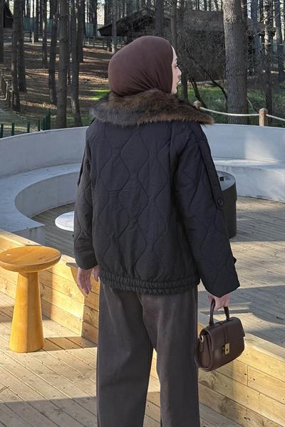 Kürk Yaka Düğmeli Mont Siyah