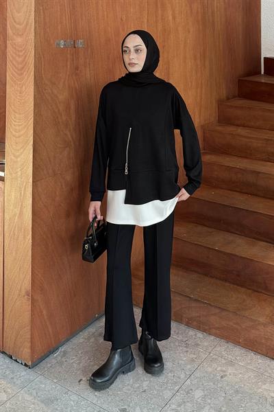 Fermuarlı Garnili Takım Siyah