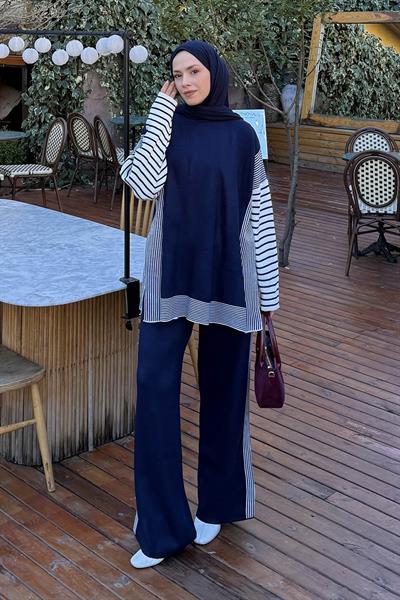 Yan Çizgili Panço Tesettür Takım Lacivert