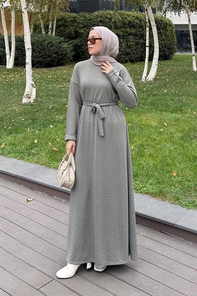 Taş Detaylı Tesettür Elbise Haki