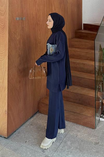 Cep Detaylı Triko Takım Lacivert