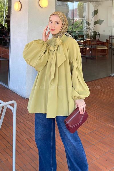 Yaka Fular Detaylı Gömlek Yağ Yeşili