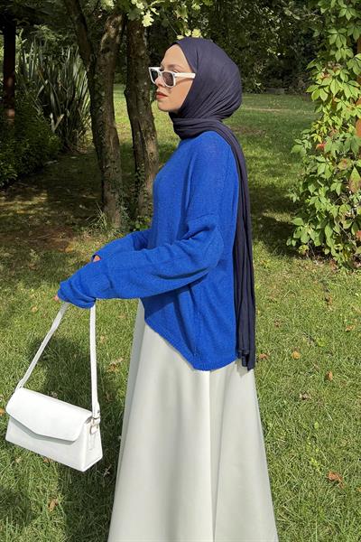 Kayık Yaka Triko Kazak Saks Mavisi