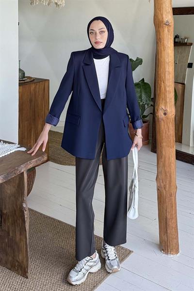 Çizgili Astarlı Tesettür Ceket Lacivert
