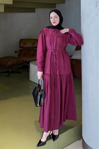 Bağlama Detaylı Tesettür Elbise Mürdüm