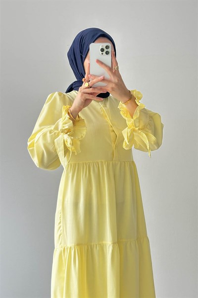 Kol Bağlama Detaylı Tesettür Elbise Sarı