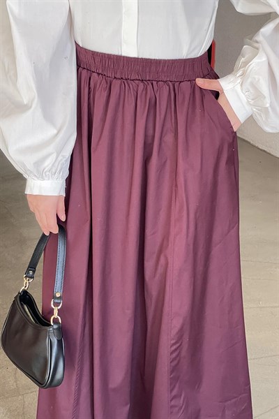 Cep Detaylı Kloş Keten Etek Mürdüm