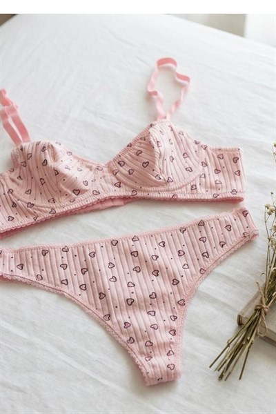 Pamuklu Balenli Pembe Kalpli Sütyen Takım Pembe