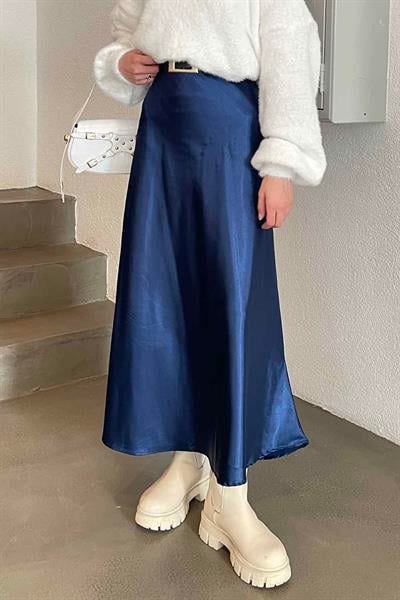 Düz Saten Çan Etek Saks Mavisi