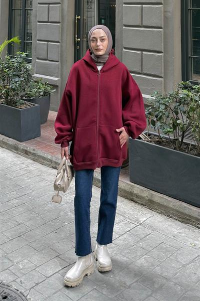 Kapüşonlu Oversize Yan Cepli Sweat Bordo