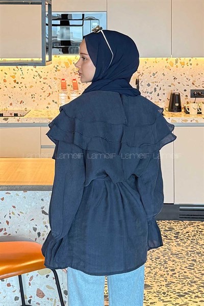 Volan Detaylı Kol Büzgülü Gömlek Lacivert