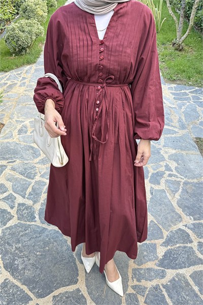 Nervürlü Vual Tesettür Elbise Mürdüm