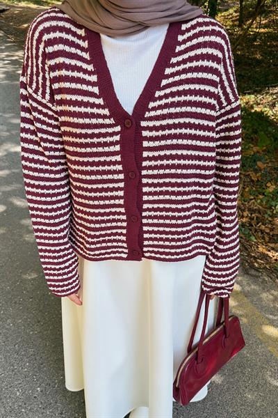 İnce Çizgili Triko Hırka Bordo