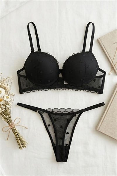 Dantelli Destekli Balenli Sütyen Siyah