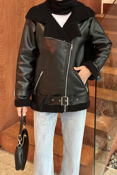 İçi Kuzu Kürklü Deri Mont Siyah