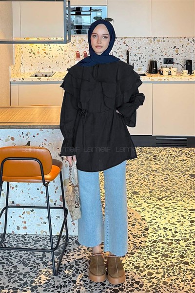 Volan Detaylı Kol Büzgülü Gömlek Siyah