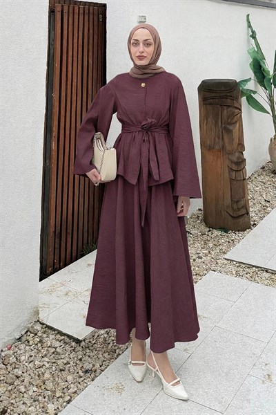 Bağcıklı Etek-Bluz İkili Takım Mürdüm