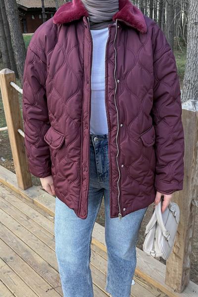 Kürk Yaka Şişme Mont Bordo