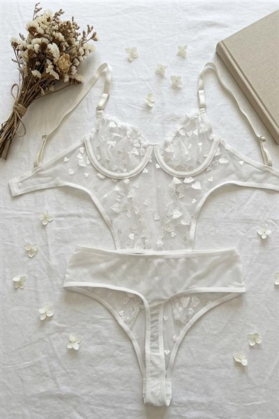 Kırmızı Kalp Desen Bodysuit Beyaz