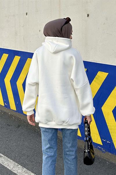 Üç İplik Kanguru Cep Sweatshirt Beyaz