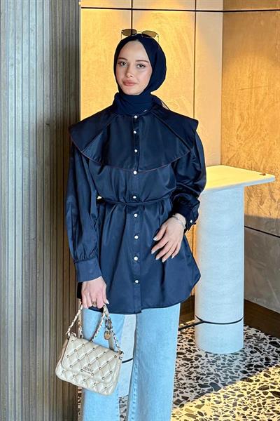 Geniş Yakalı Biyeli Gömlek Lacivert