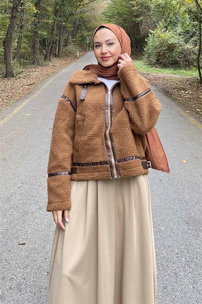 Kürklü Biker Mont Kahverengi