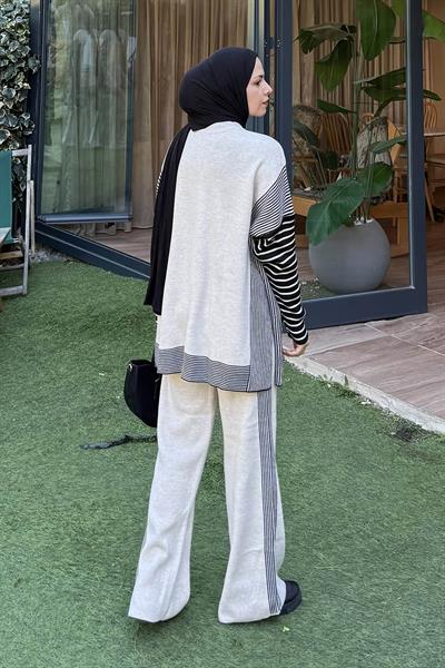 Yan Çizgili Panço Tesettür Takım Bej