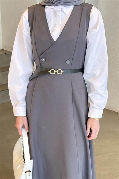 Düğme Detaylı Kolsuz Tesettür Elbise Antrasit