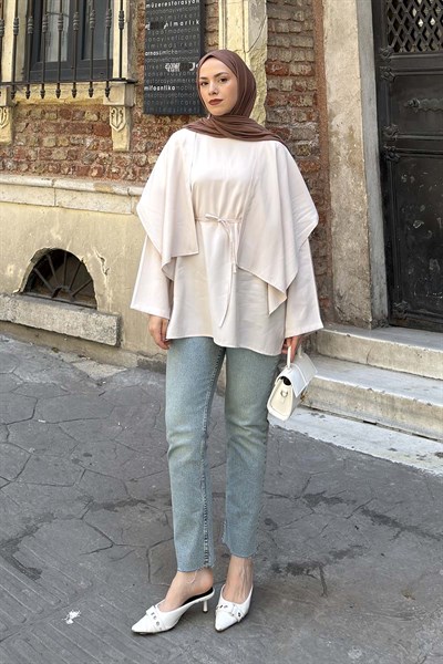 Pelerin Detaylı Oversize Tunik Bej