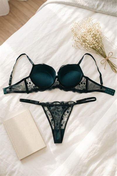 Destekli Brode Sütyen Takımı Zümrüt Yeşili