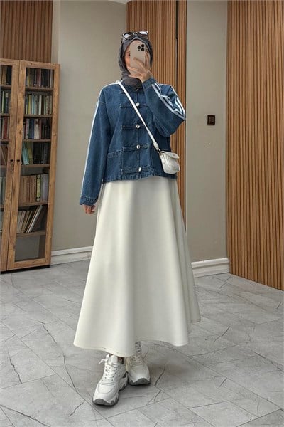 Şerit Detaylı Birit Düğmeli Denim Ceket Kot Mavisi