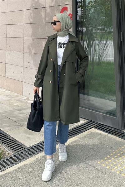 Klasik Kuşaklı Trenç Haki