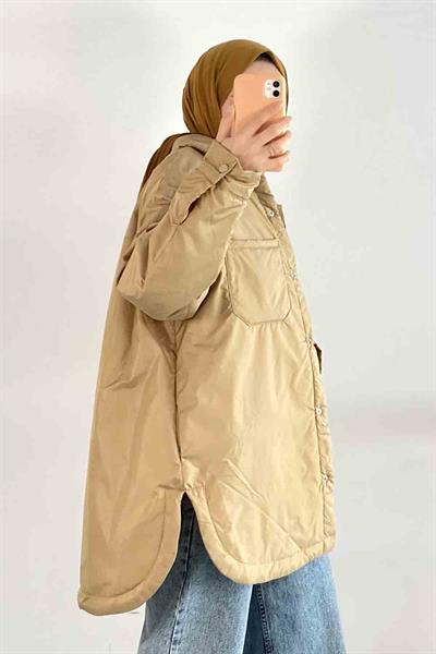 Çift Cepli Boydan Düğmeli Gizli Cepli Mont Camel