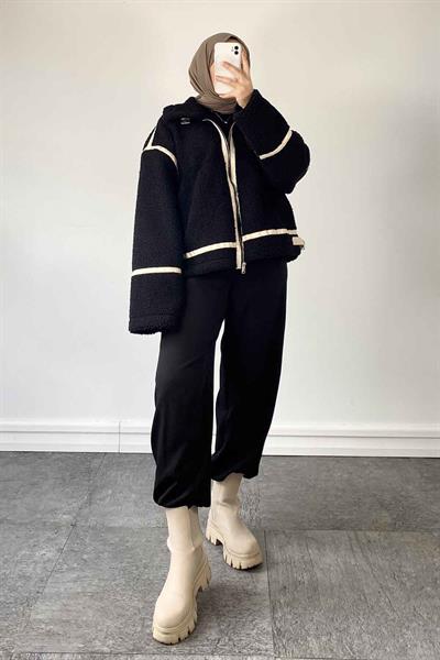 Kürklü Biker Mont Siyah