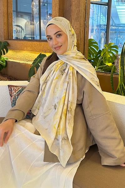 Gül Desen Bambu Şal Sarı