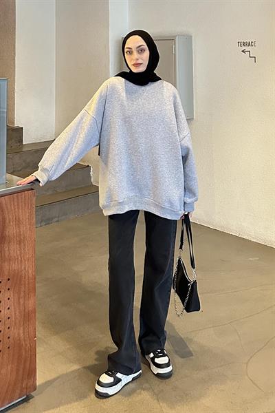 Jasmin Bisiklet Yaka Oversize Sweat Gri