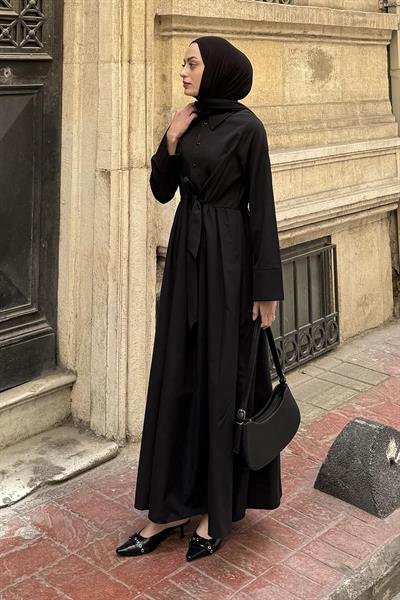 Ön Bağlama Detaylı Tesettür Elbise Siyah