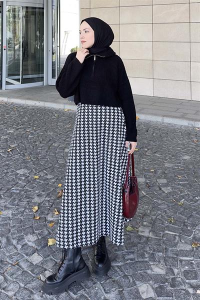 Yaka Fermuarlı Crop Triko Kazak Siyah