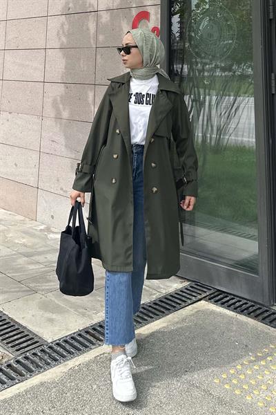 Klasik Kuşaklı Trenç Haki