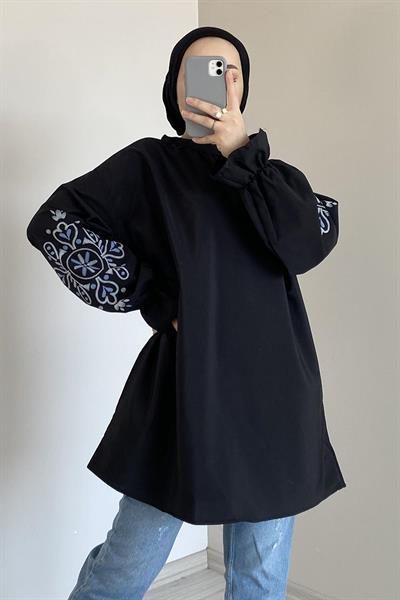 Kol Nakışlı Tunik Siyah