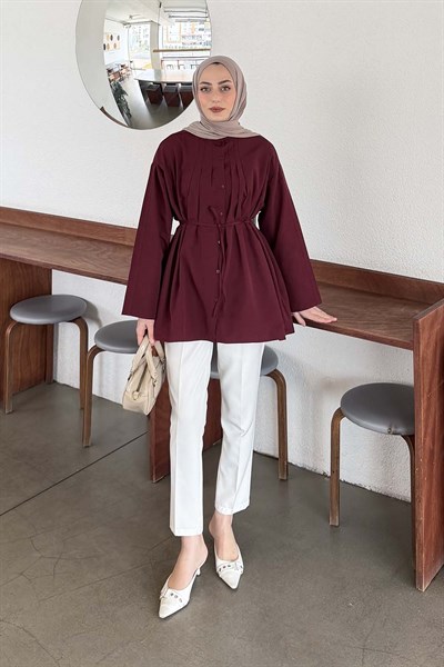 Piliseli Geniş Kol Gömlek Bordo