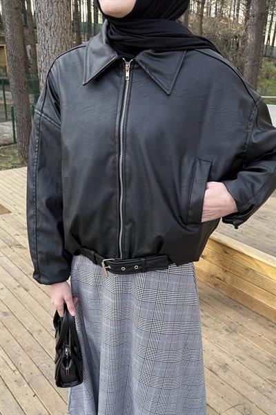 Kemerli Deri Ceket Siyah