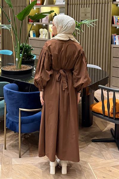 Pileli Poplin Elbise Acı Kahverengi