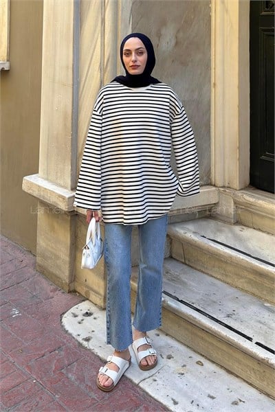 Bisiklet Yaka Çizgili Tunik Lacivert