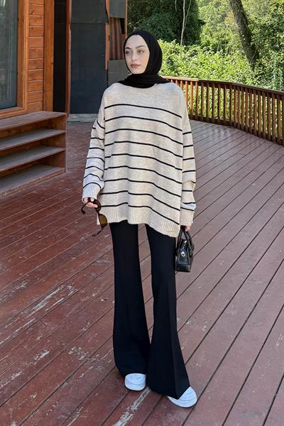 Çizgili Triko Kazak Bej